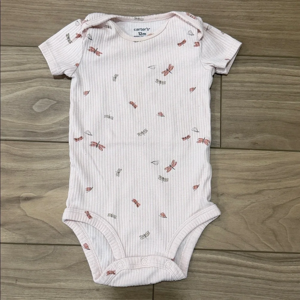 Carter's Ribbed Light Pink Baby Onesie with Dragonfly Print